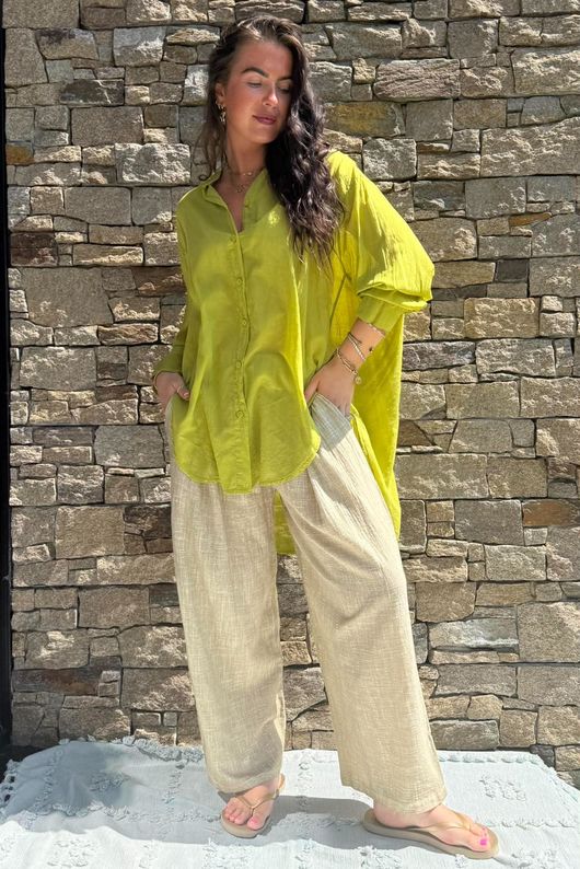 Shayle Indian Cotton Boyfriend Beach Shirt Olive